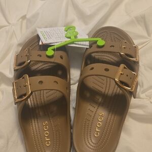 CROCS Tan Slide Sandals with Gold Accents Saturday Sandal